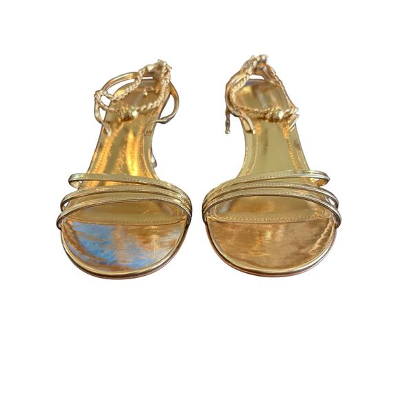 Ferragamo Denise Sandals Heel Chain Ankle Strap 70mm Metallic Gold Party Sz 7 - Picture 4 of 14